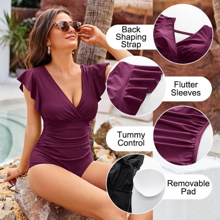GRACE KARIN купальник жіночий корегуючий, суцільний, V-подібний виріз, монокіні, фігурна майка, рукава-крила, літній, одноцільний (XXL, пурпуровий)