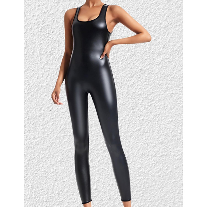 Боді з короткими рукавами FEOYA з PU шкіри, облягаючий комбінезон, сексуальний ефект мокрого блиску, для клубів, спорту, йоги, повсякденного носіння
