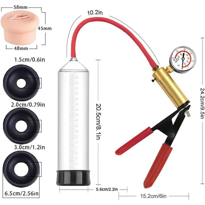 Ручна вакуумна помпа для збільшення пеніса NAIXBTY для чоловіків з 3 силіконовими кільцями, манометром та зручним ручним захватом