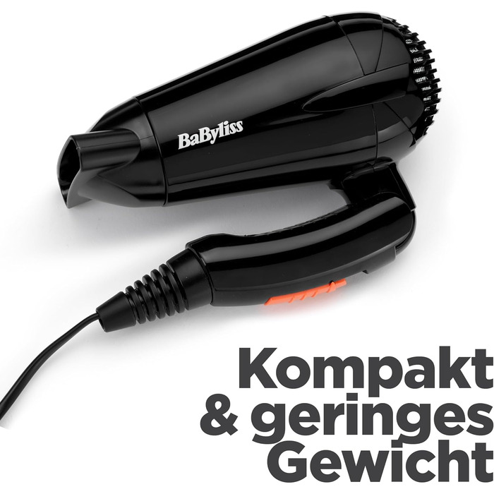 Складаний дорожній фен BaByliss Travel Folding 2000W з універсальною напругою, 2 режими температури та швидкості, чорний/помаранчевий, 5334E