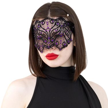Чорна мереживна маска для жінок з кристалами – елегантна венеціанська маска для маскараду, готичної вечірки, косплею, карнавалу та особливих подій – ручної роботи (чорна з фіолетовими стразами)