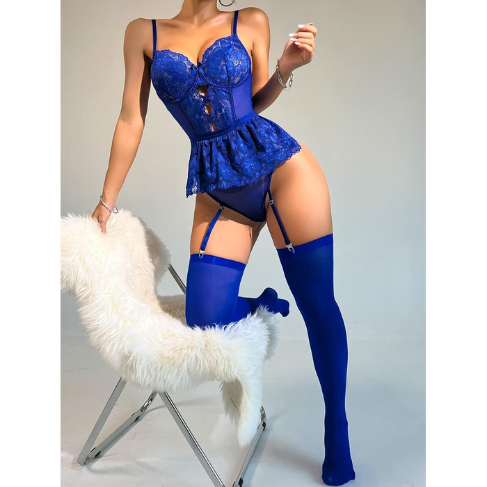 Сексуальний комплект спідньої білизни Lilosy з високою талією та V-подібним вирізом, блакитне мереживо, бюстгальтер та трусики, 2-частинний, колір: інтегрований зелений (36, шкарпетки з серцем, королівський синій)