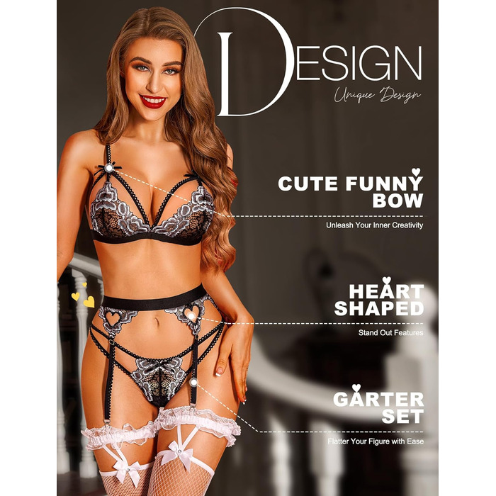 RSLOVE Daen Dessous Set - 3-частинний комплект спідньої білизни з мережива, тіло, боді, чорний, червоний (M, чорний Remix, срібло)