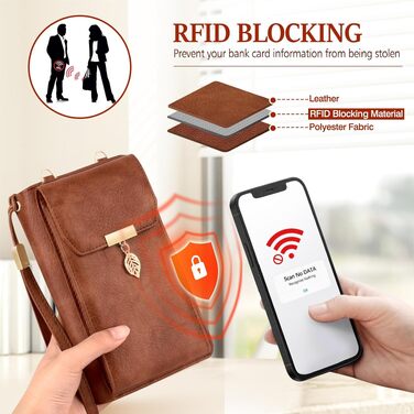 Жіноча шкіряна сумка-кросбоді для телефону з RFID захистом, гаманець з 12 відділеннями для карток та знімним ременем, світло-коричнева (Vintage Leder)
