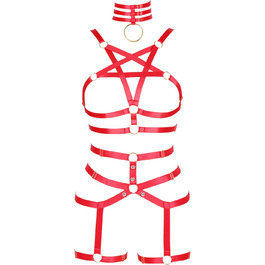 Жіночий корсет-нагрудник PETMHS у стилі панк, повна сітка, мереживний бюстгальтер та пояс-стрінг, комплект Harajuku Gothic для фестивалів та рейвів (червоний)