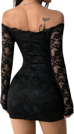 Сукня SweatyRocks з мереживом, чорна: елегантна міні з довгим рукавом, готичний стиль, сексуальний дизайн, без бретелек, для вечірок та фестивалів