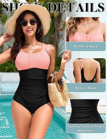 Одноцільний купальник Vancavoo з пуш-ап, корегуючий, з відкритим спиною, рюшами та V-подібним вирізом (M, Рожевий + Чорний)