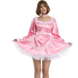 Сукня для перевдягання Sissy Maid з мереживом, рожевий атлас, довгі рукави, XXL, рожевий