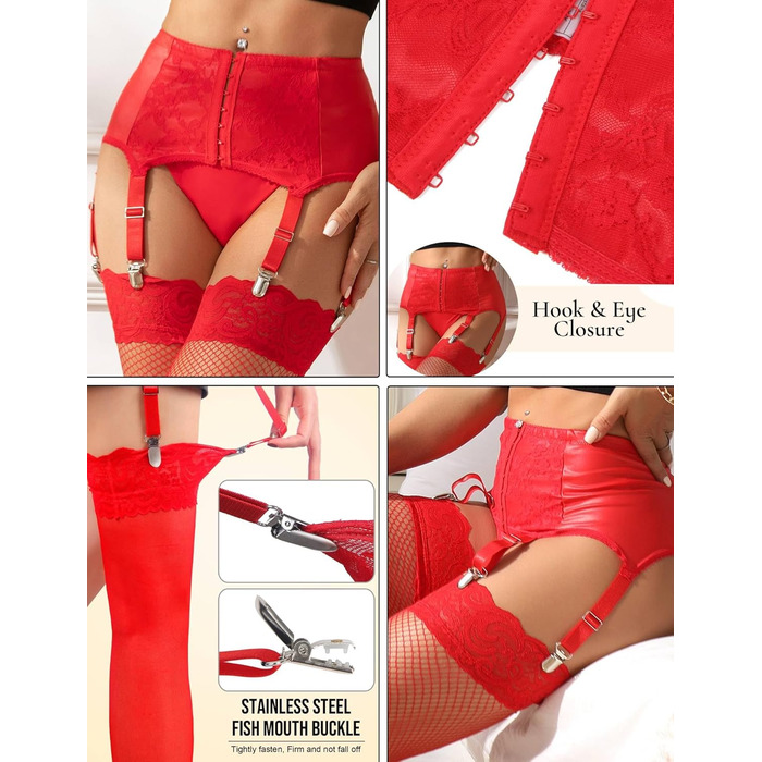 Смугастий пояс-смугастий з високою талією, великий розмір, мереживний пояс з шнурками та 6 металевими затискачами для стегон, червоний (без панчіх) L