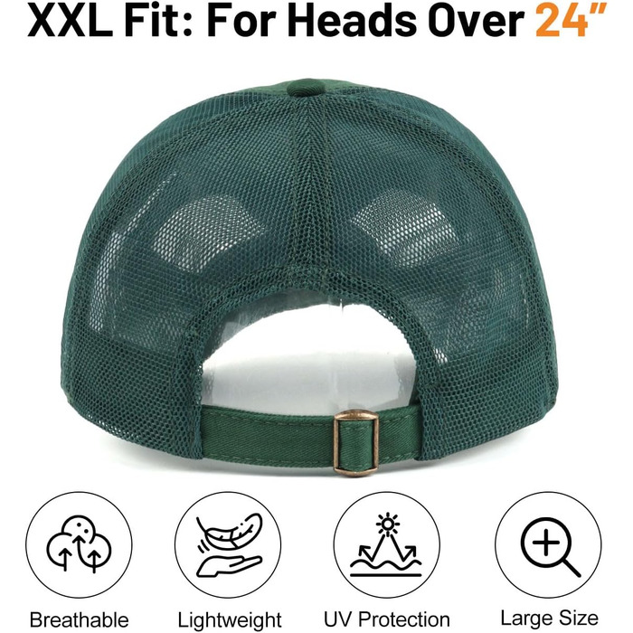 Бейсболка Zylioo XL/XXL для великої голови, регульована спортивна кепка унісекс з сіткою, темно-зелена