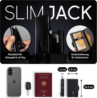 Чоловічий смарт-гаманець SLIMJACK з відділенням для монет та RFID-захистом, шкіряний тримач для кредитних карток з алюмінієвим корпусом, чорний