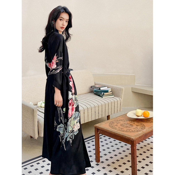 Чоловічий халат-кімоно з довгим рукавом з атласу, квітковий принт, чорний - Піон