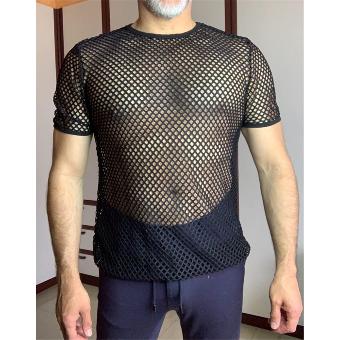 Чоловіча сітчаста футболка з прозорим дизайном, стильна, сексуальна, з короткими рукавами, для нічного клубу, вечірки, вуличної моди. Білий колір.