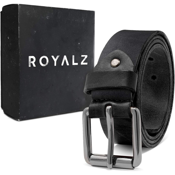 Шкіряний ремінь чоловічий ROYALZ 'Richmond' з буйволячої шкіри 4мм, вінтажний пояс для джинсів із пряжкою, 38 мм (довжина 165 см, чорний)