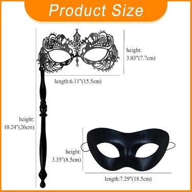 Маска для маскараду Venice Mask Set JewelryWe - пара масок з держателем, металева, з кристалами, чорна, аксесуари для карнавалу, Хелловіну, вечірки, маскарад