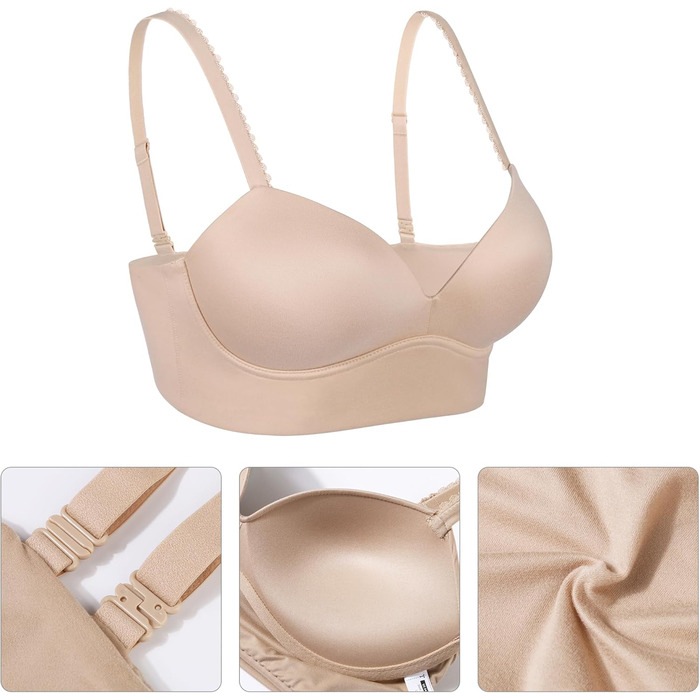 Трусики Lemorosy BH для жінок без кісточок Push Up, безшовні, з глибоким V-подібним вирізом, класичні, зручні, повсякденні бюстгальтери з широкими бретелями (80C, бежевий)