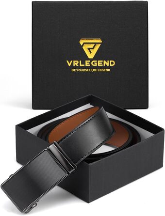 Чоловічий автоматичний шкіряний ремінь VRLEGEND без отворів для ділового костюма, регульований розмір (довжина 130 см, талія 40W-44W), чорний, у подарунковій коробці