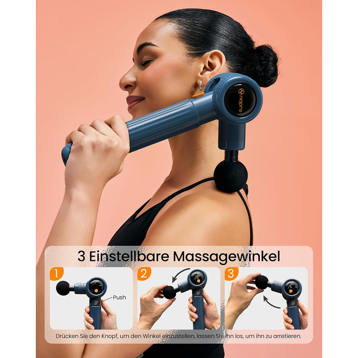 Перкусійний масажер Napre Massage Gun з подовжувачем та 3 кутами нахилу для спини, шиї та плечей, чорний/синій