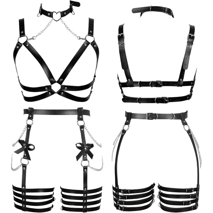 Жіночий шкіряний боді з корсетом BANSSGOTH, набір, з бантиком, мереживний, для танців та свят, чорний