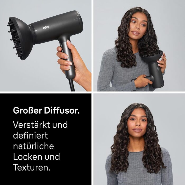 Фен для волосся Braun Haartrockner HD4.2 з дифузором та насадкою для стайлінгу, технологія Super IONTEC, 2100 Вт, 3 температури та 3 швидкості, чорно-сірий, BRHD425E