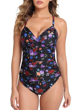 Чоловічий купальник Halcurt з животом, з чашками, з драпіруванням, суцільний, V-подібний виріз, чорний з квітковим принтом, розмір S