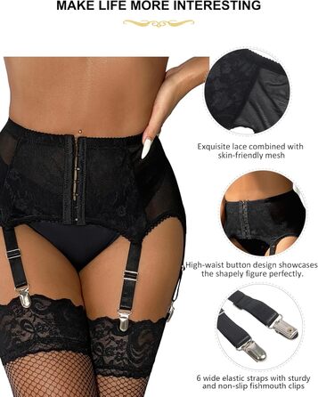 Чорні мереживні панчохи з широким поясом та шорстками на плечах, розмір XS-S