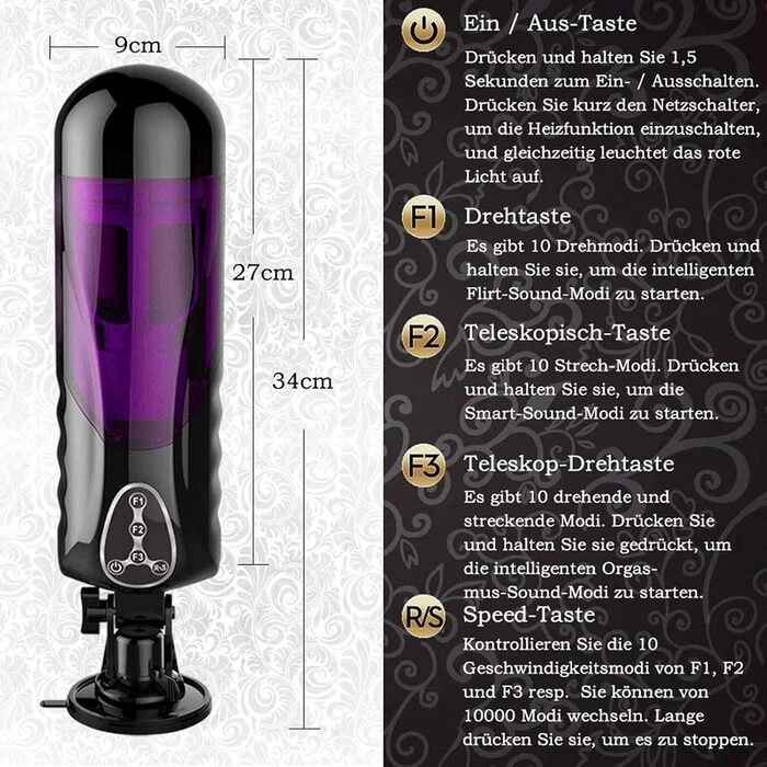 Масажер для чоловіків з нагрівом, 10 режимів ротації та 10 телескопічних режимів