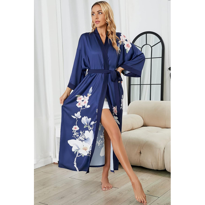 Жіночий шовковий халат-кімоно Moreone з квітковим принтом, довгий, нічна сорочка, атласний халат для нареченої та подружок нареченої (5-marine)