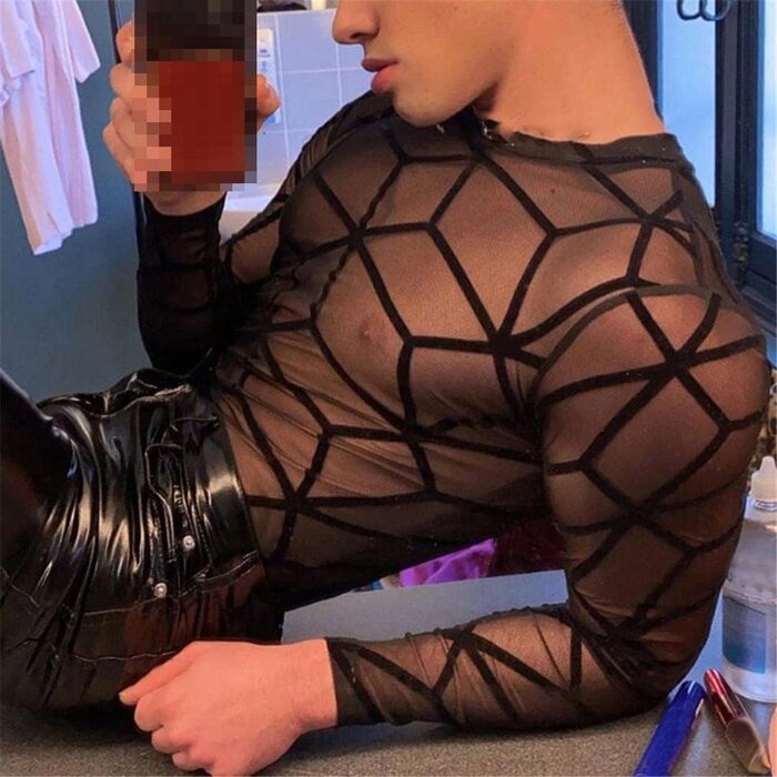 Чоловіча футболка Deepsko з сіткою, прозора, однотонна, з довгим рукавом