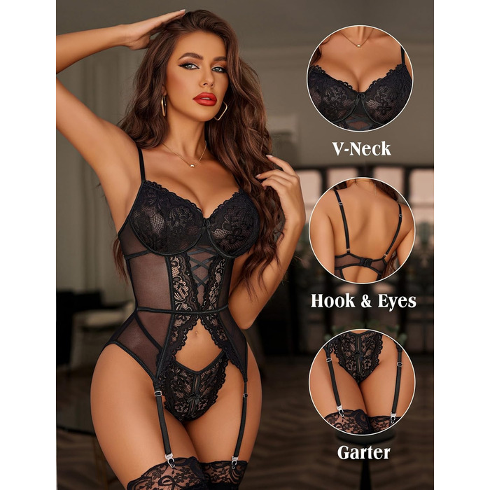 Avidlove Комплект нижньої білизни для жінок: мереживний боді, корсет, babydoll, чорний. Сексуальна спідня білизна, тіло, бюстгальтер та труси.