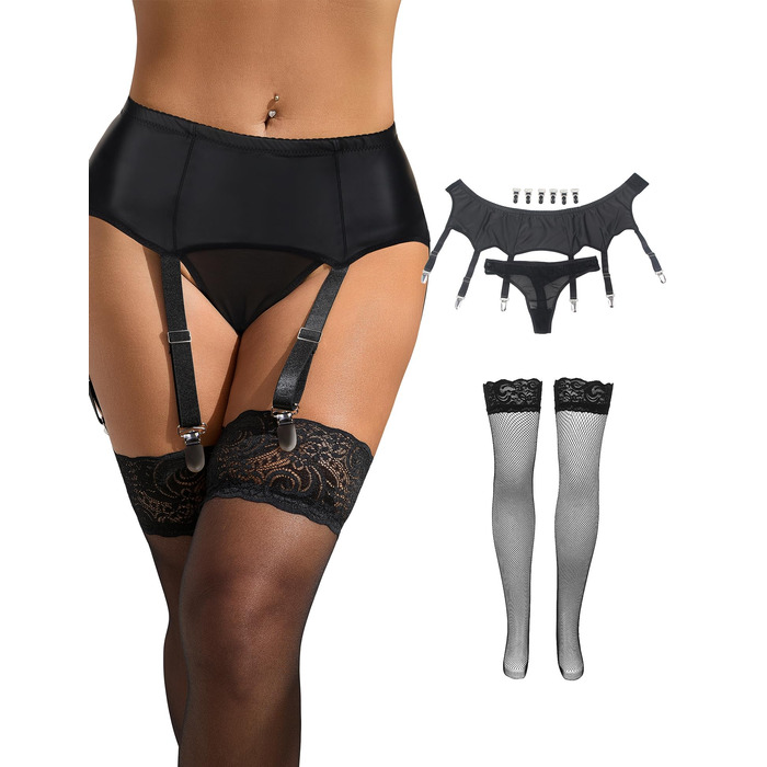 Спідниця-галстук для жінок з шкіряними ремінцями, 6 тримачів, великі розміри, металеві кліпси, замінні стрічки для нижньої білизни, комплект спідниць-галстуків з танго (чорний), XL