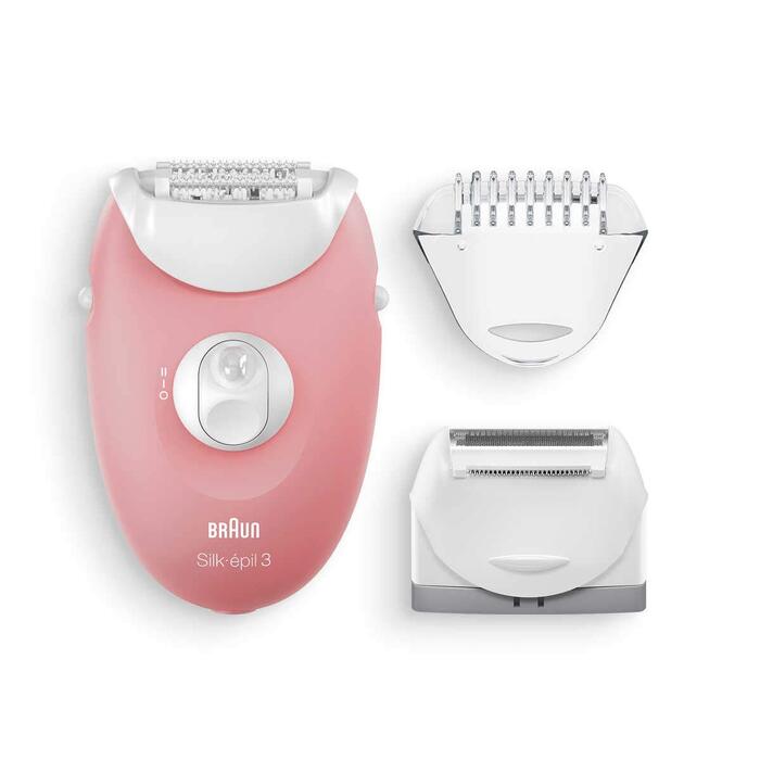 Епілятор Braun Silk-épil 3 Beauty-Set 3-440 для жінок, набір для депіляції з тримером, бритвою та масажером, фламінго/білий