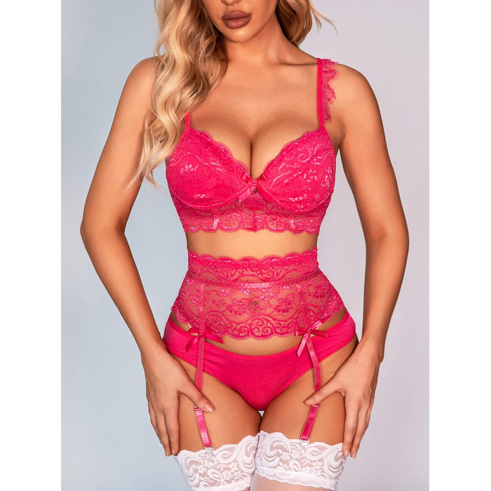 ЕVELIFE Комплект нижньої білизни для жінок: бюстгальтер та труси (3 шт.) - мереживний комплект, висока талія, стрінги (42, Рожевий)