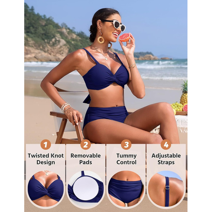 Бікіні жіночий комплект з високою талією, суцільний купальник push-up, двокомпонентний, з V-подібним вирізом, пляжна мода, бікіні для жінок (темно-синій, S)