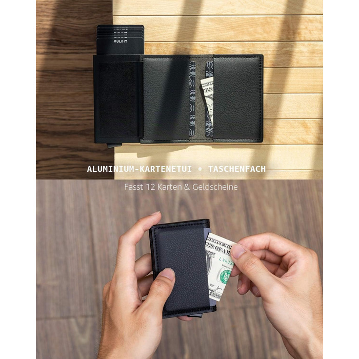 Шкіряний чоловічий картхолдер VULKIT з RFID захистом, міні-гаманець для карт та купюр, Коричневий (Litchi Schwarz)