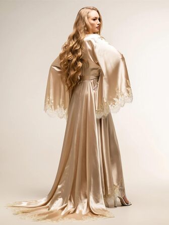 Шовковий халат для нареченої з мереживом, Kimono, довгі рукави, шампань, для весілля та вечірки