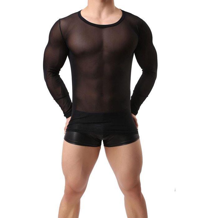 Чоловіча прозора чорна майка з довгим рукавом - нічна сорочка, сексуальна білизна, обтисла футболка з еластичних волокон, чорна майка-сітка L-XL