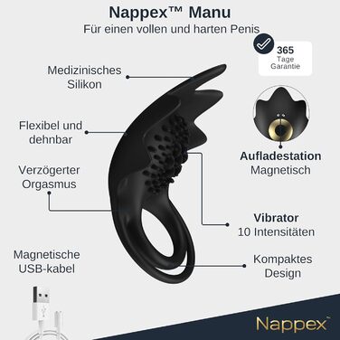 Кольце для статевого члена Nappex Manu з вібрацією - секс-іграшка для пар та чоловіків. Комплект з пультом дистанційного керування, потужний мотор, силікон.