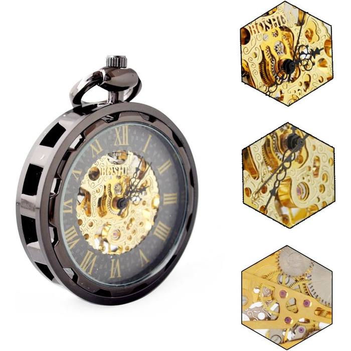 Чоловічий кишеньковий механічний годинник BOSHIYA Vintage Steampunk: скелетон, підзавод, з ланцюжком (чорний циферблат, круглий корпус)