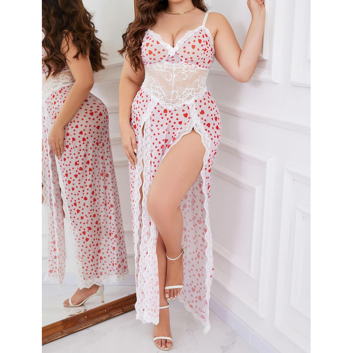 Babydoll для жінок Alrovetoney: мереживна піжама-сорочка з розрізами, біле серце, XL