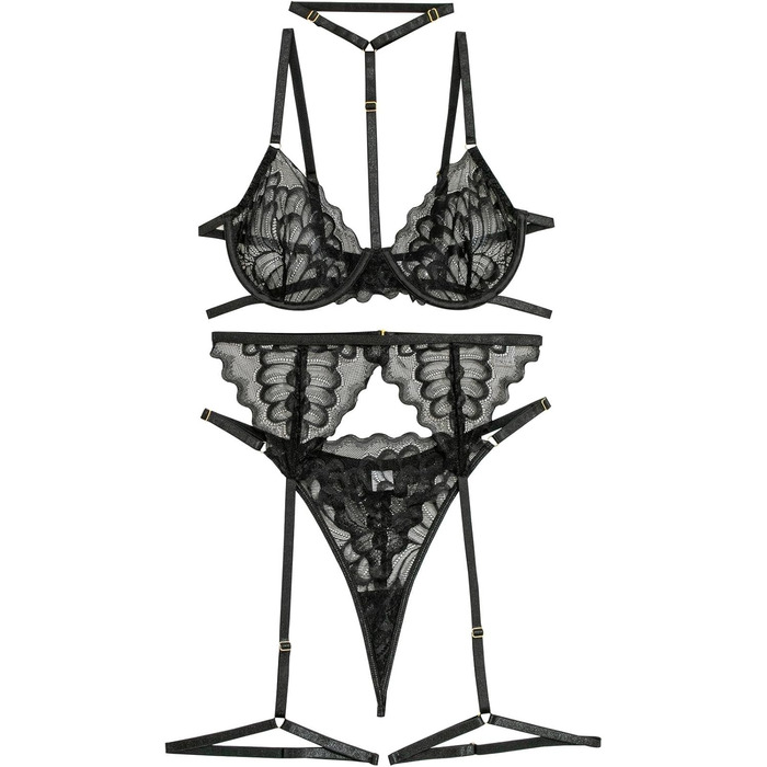 Комплект спідньої білизни Lilosy з чокером, мереживний з квітковим візерунком, пуш-ап, стрінг, для жінок, прозорий бюстгальтер та трусики, 3-частинний, чорний