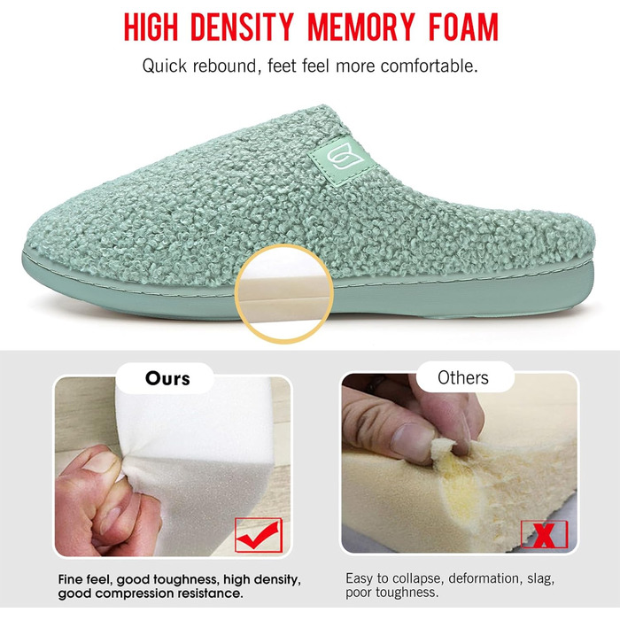 Жіночі зимові капці WateLves з ефектом пам'яті (Memory Foam), теплі та м'які тапочки з штучним хутром, протиковзкі домашні капці на плоскій підошві, зелені, розмір 38/39 EU
