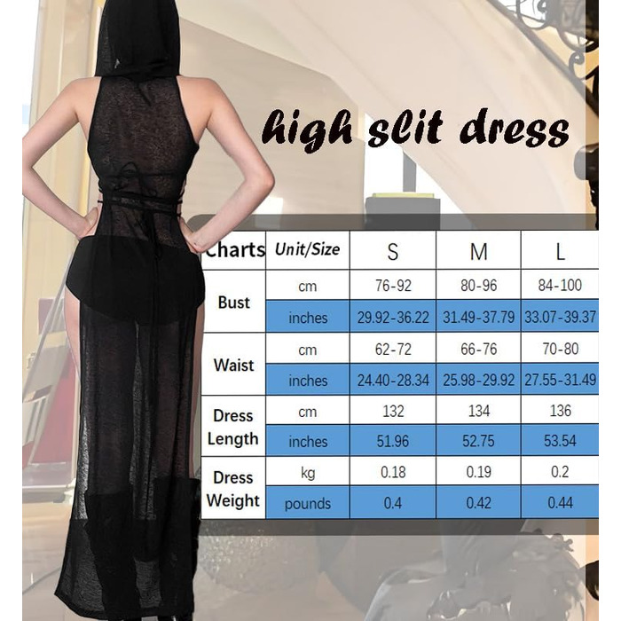 Жіноче прозоре готичне плаття Aucute з капюшоном та без рукавів, чорне, для Хелловіну, фестивалів EDM/Rave