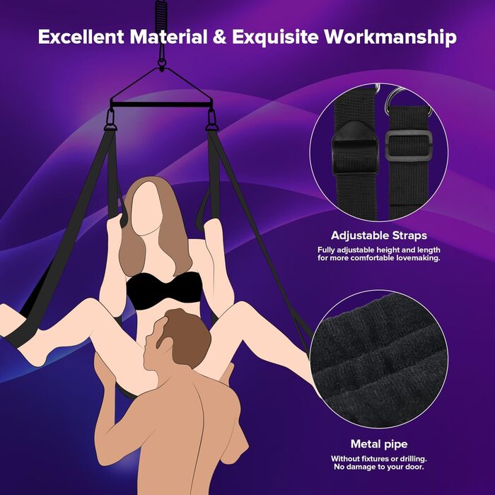 Гойдалка для дорослих 360° для пар: BDSM комплект для секс-ігор, ремені фіксації, чорний колір