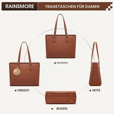 Жіноча сумка-шопер RAINSMORE великого розміру з екошкіри для ноутбука, водонепроникна робоча сумка Tote Bag з блискавкою та знімним помпоном для офісу та бізнесу (Коричнева)