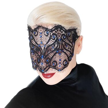 Чорна мереживна маска для жінок з кристалами - елегантна венеціанська маска для карнавалу, вечірки в готичному стилі, косплею та особливих подій - ручна робота (чорний колір з блакитними стразами)