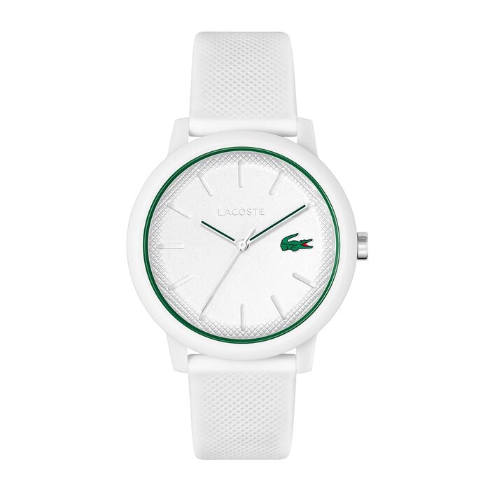 Аналоговий кварцовий годинник Lacoste 12.12 унісекс з білим силіконовим ремінцем Petit Piqué