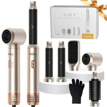 Мультистайлер для волосся 5 в 1 UKLISS Airstyler Pro 1000W: фен, брашинг, гофре, випрямляч та завивачі для сушіння та укладки, Сріблясто-золотий