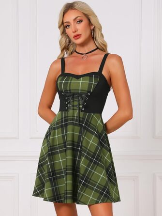 Allegra K: Сукня-батал з шнурівкою, готичний стиль, без рукавів, тартан, міні, зелений (хакі)