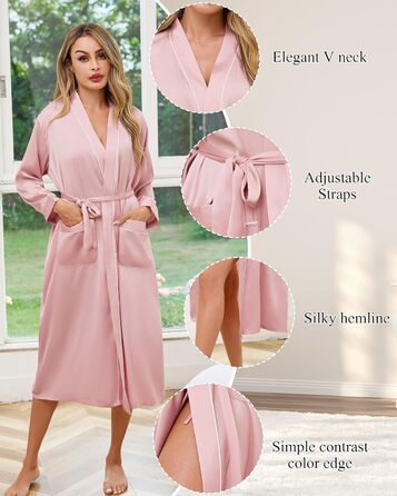Жіночий атласний халат довгий, баняк, кімоно, легкий, весільний, м'який, для вечірки, нічна сорочка, V-подібний виріз, S-XXL, XL, світло-рожевий